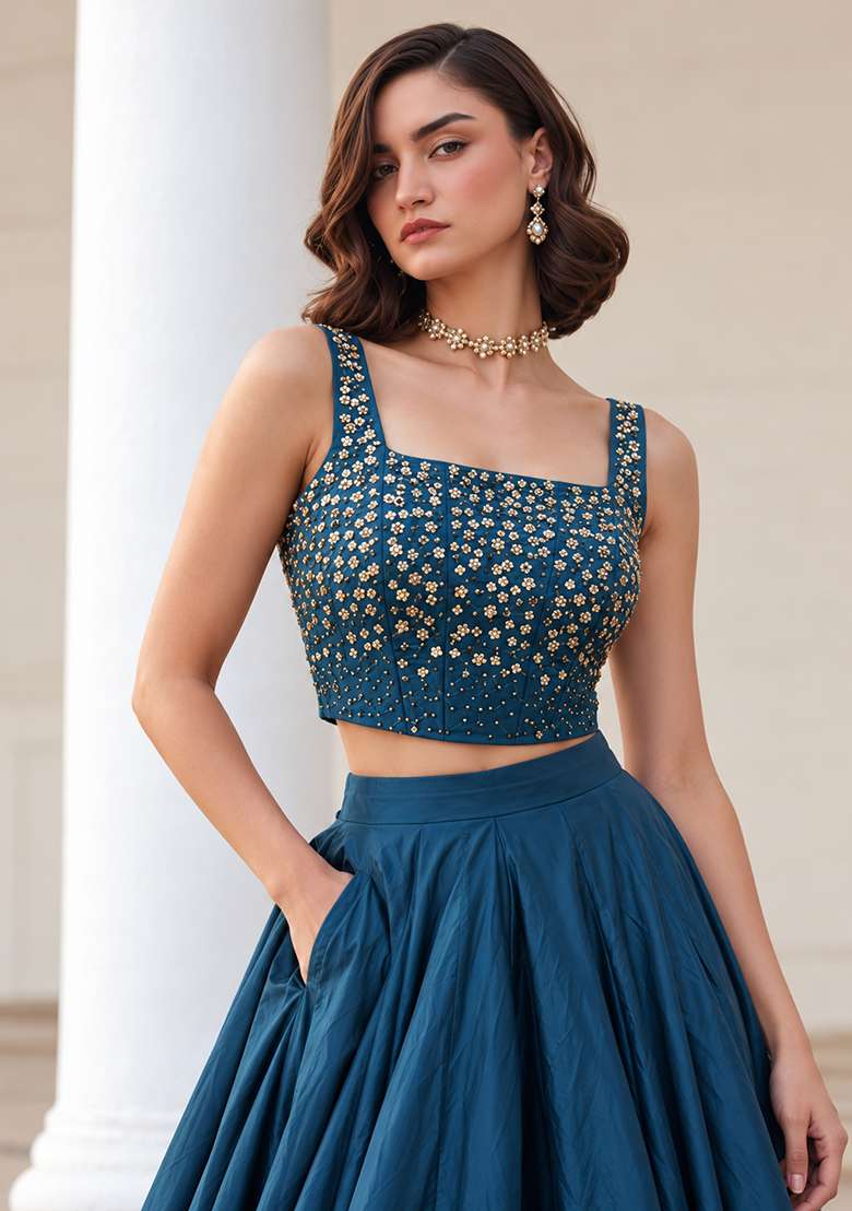Teal Blue Sequin Work Silk Co Ords Set - Indya