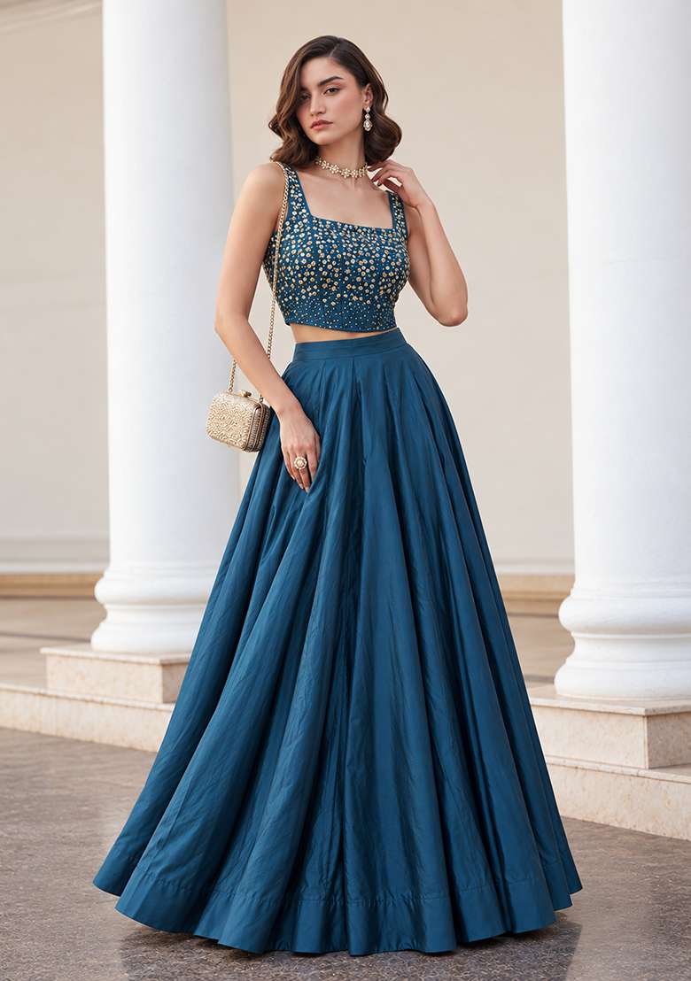 Teal Blue Sequin Work Silk Co Ords Set - Indya