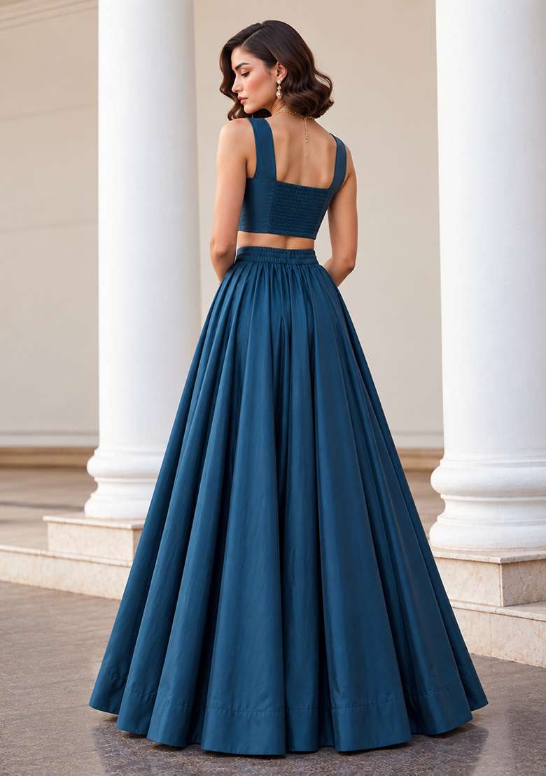 Teal Blue Sequin Work Silk Co Ords Set - Indya