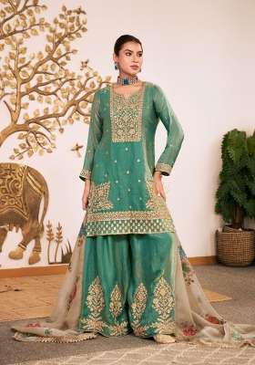 Sea Green Embroidered Silk Kurta Set