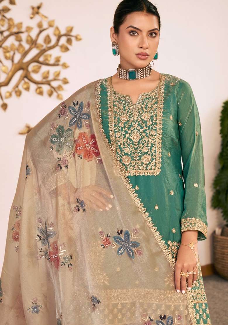 Sea Green Embroidered Silk Kurta Set - Indya