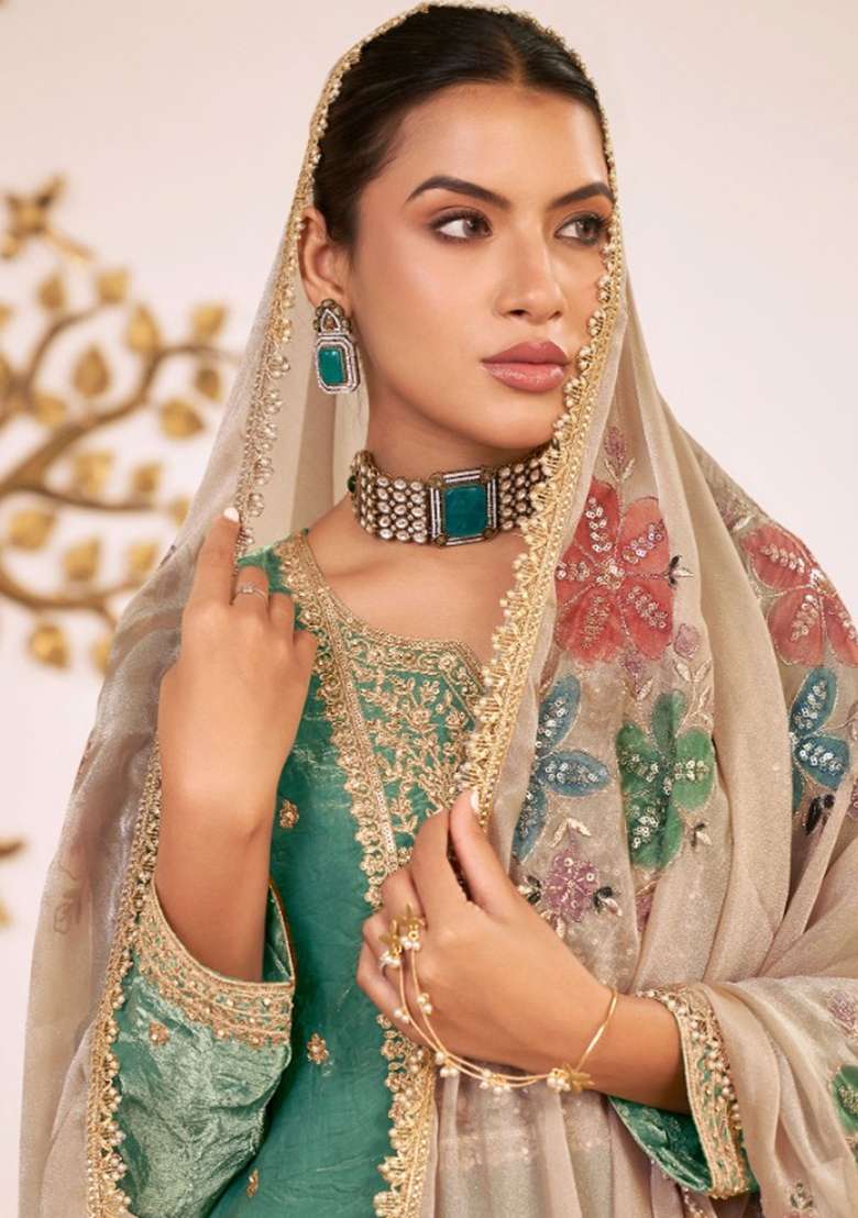 Sea Green Embroidered Silk Kurta Set - Indya