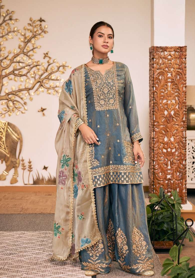Blue Embroidered Silk Kurta Set - Indya