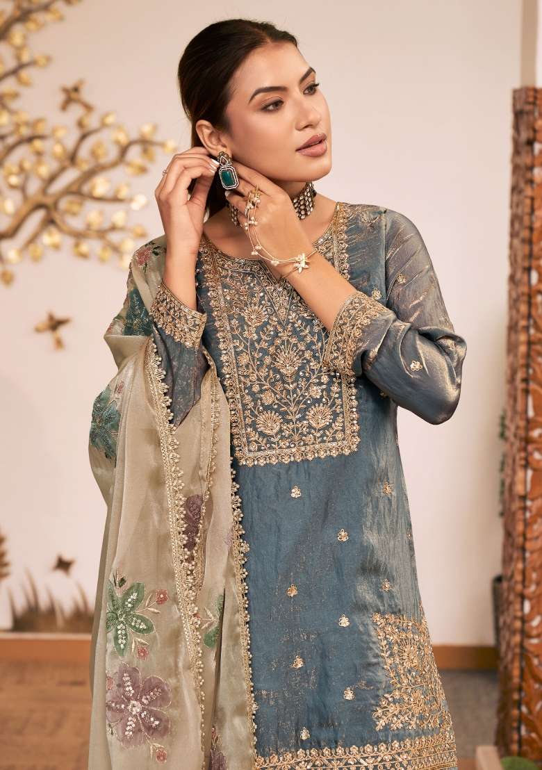 Blue Embroidered Silk Kurta Set - Indya