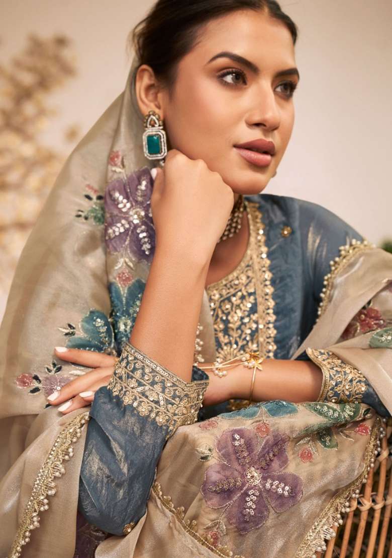 Blue Embroidered Silk Kurta Set - Indya
