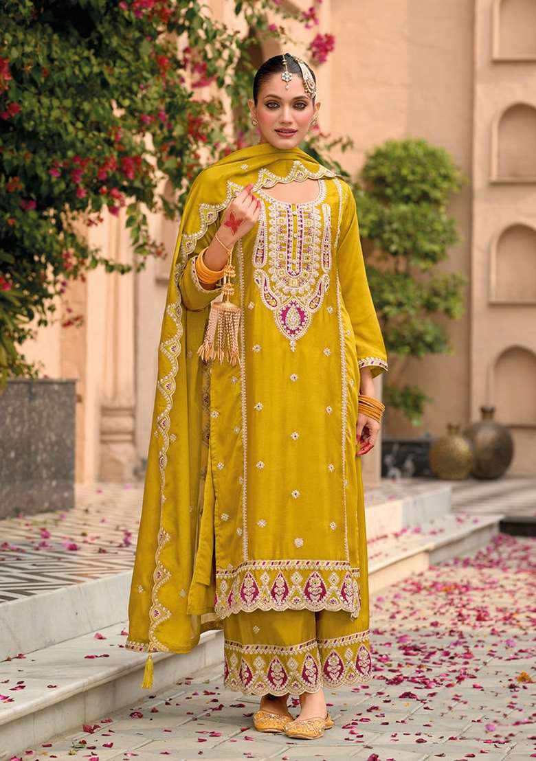 Yellow Embroidered Chinon Kurta Set - Indya