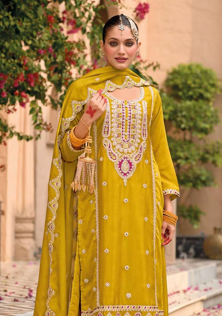 Yellow Embroidered Chinon Kurta Set - Indya