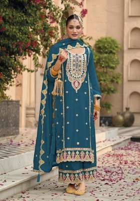 Teal Blue Embroidered Chinon Kurta Set