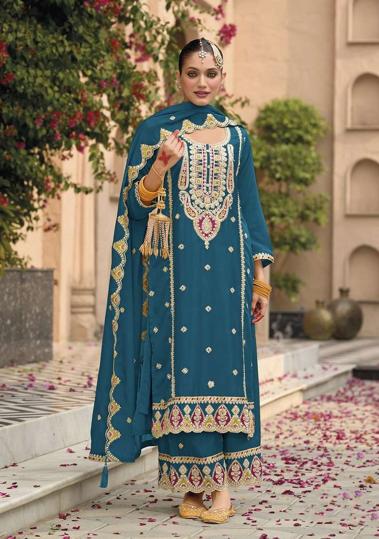 Teal Blue Embroidered Chinon Kurta Set - Indya