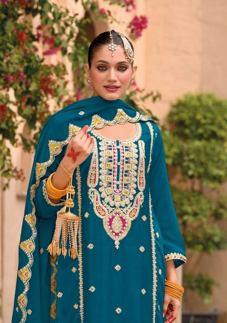 Teal Blue Embroidered Chinon Kurta Set - Indya