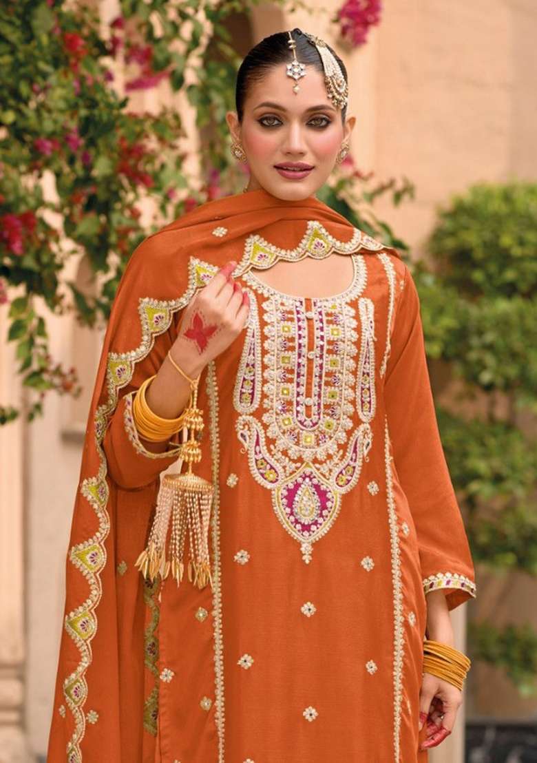 Orange Embroidered Chinon Kurta Set - Indya