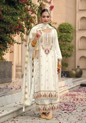 Off White Embroidered Chinon Kurta Set