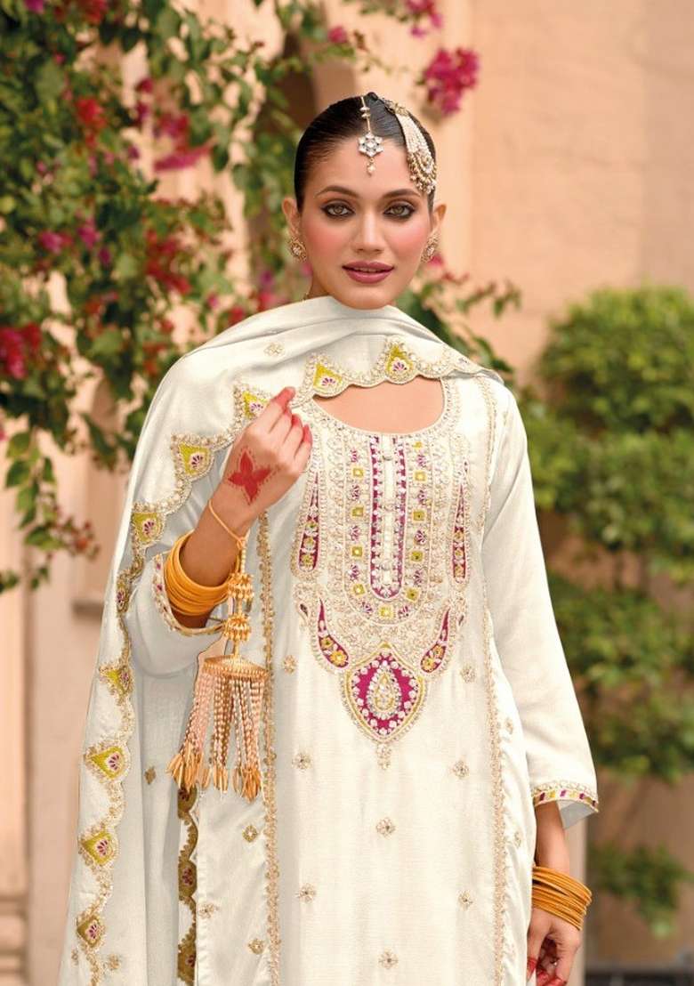 Off White Embroidered Chinon Kurta Set - Indya