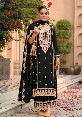 Black Embroidered Chinon Kurta Set