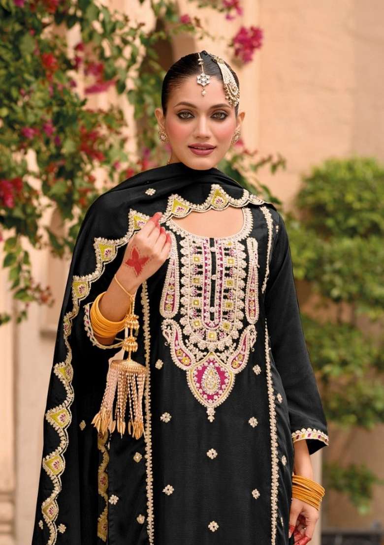 Black Embroidered Chinon Kurta Set - Indya