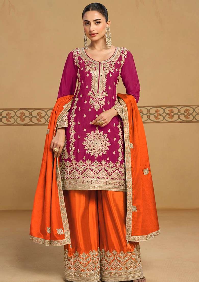 Pink Embroidered Chinon Kurta Set - Indya