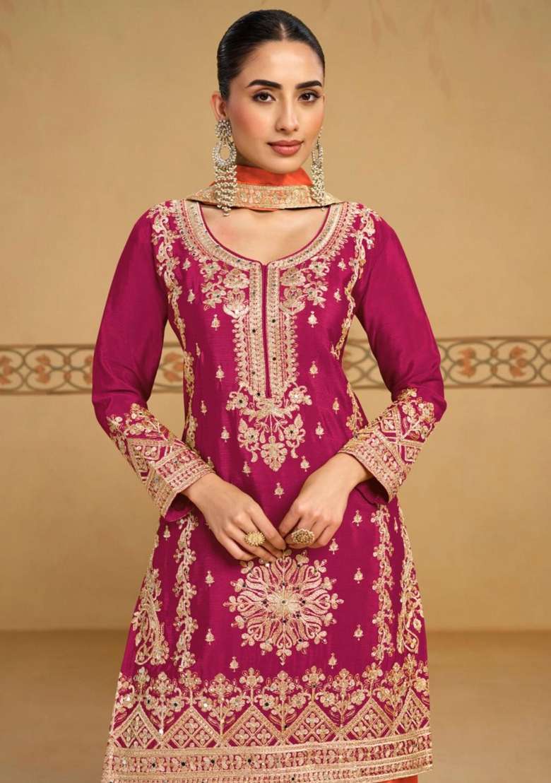 Pink Embroidered Chinon Kurta Set - Indya
