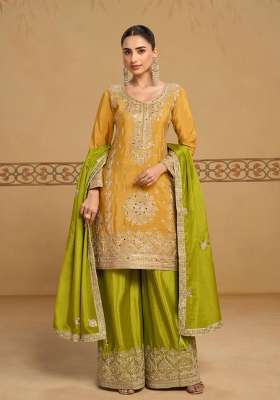 Yellow Embroidered Chinon Kurta Set