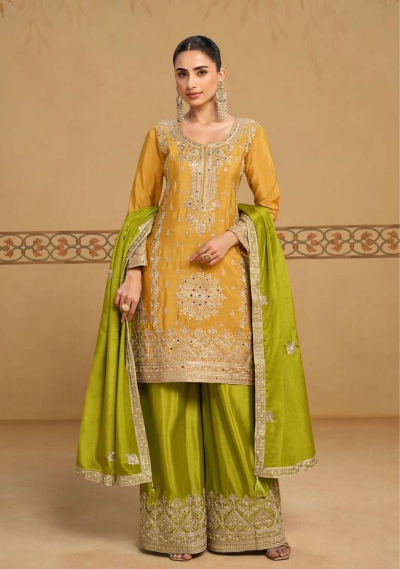 Yellow Embroidered Chinon Kurta Set - Indya