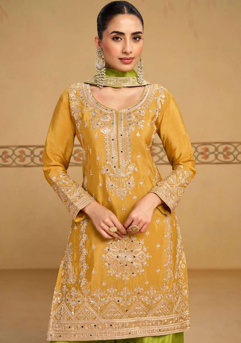 Yellow Embroidered Chinon Kurta Set - Indya