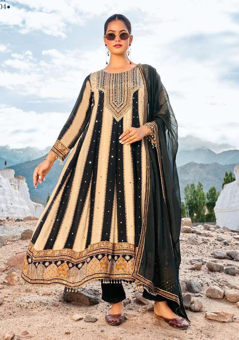 Cream And Navy Black Embroidered Crepe Anarkali Set - Indya