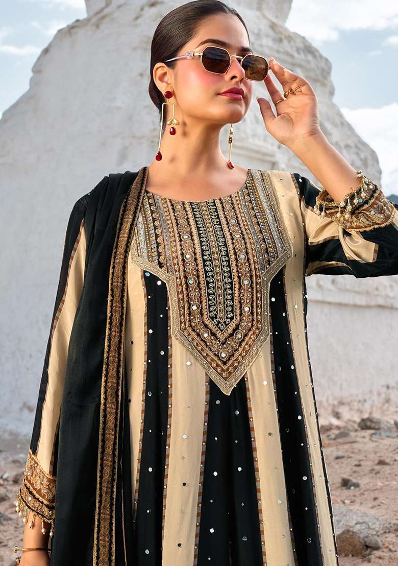 Cream And Navy Black Embroidered Crepe Anarkali Set - Indya