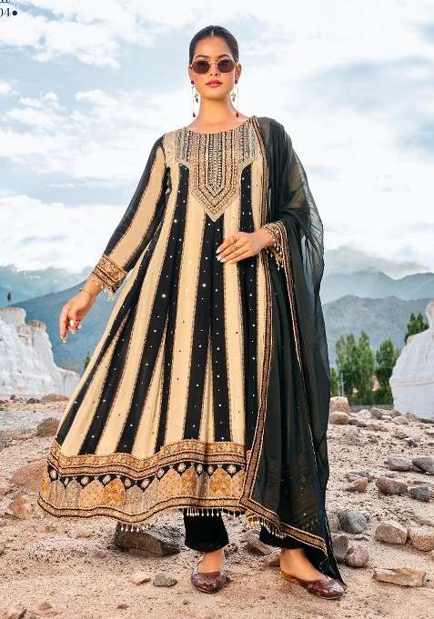 Cream And Navy Black Embroidered Crepe Anarkali Set