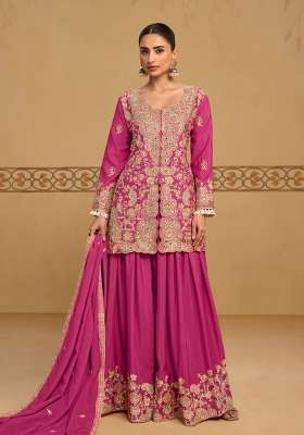 Pink Embroidered Chinon Kurta Set
