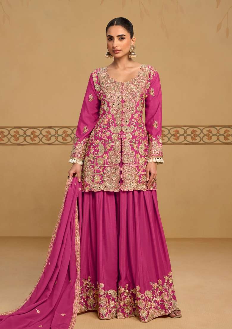 Pink Embroidered Chinon Kurta Set - Indya