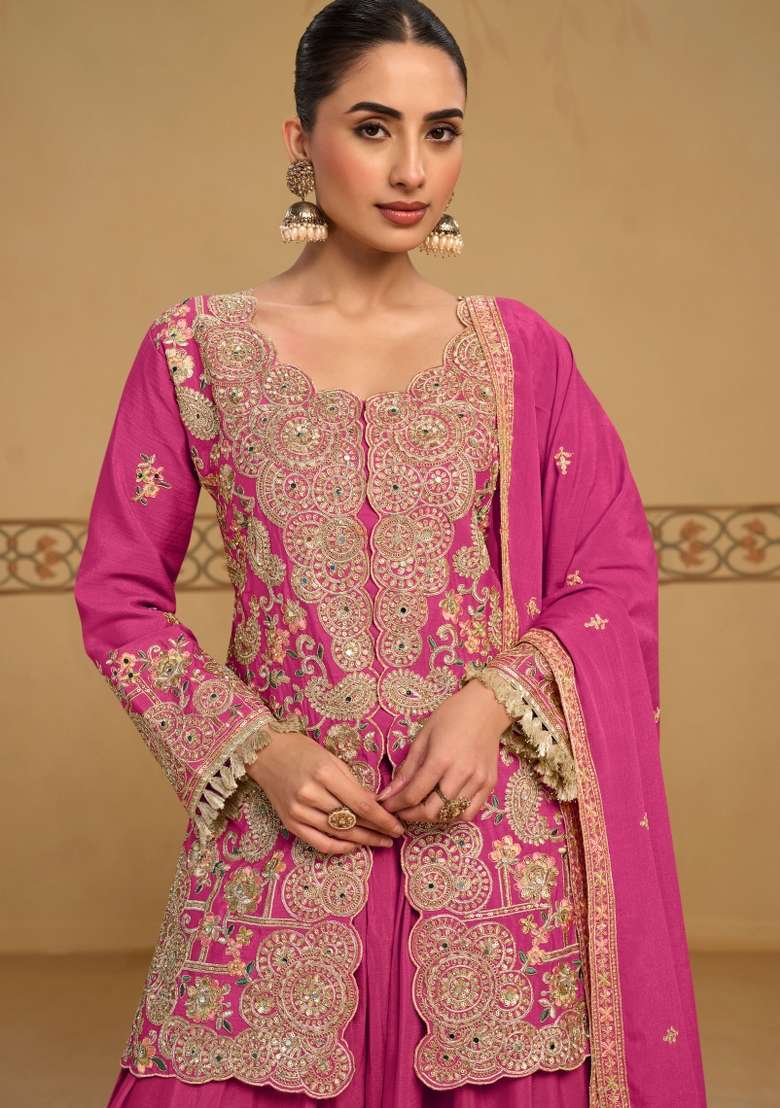 Pink Embroidered Chinon Kurta Set - Indya