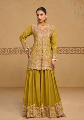 Olive Yellow Embroidered Chinon Kurta Set