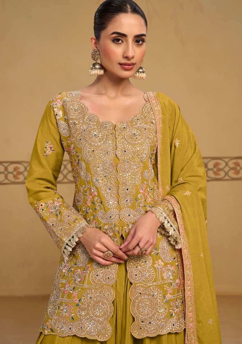 Olive Yellow Embroidered Chinon Kurta Set - Indya