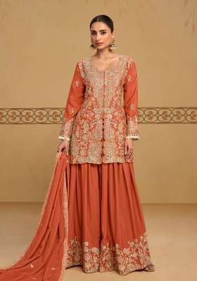 Orange Embroidered Chinon Kurta Set