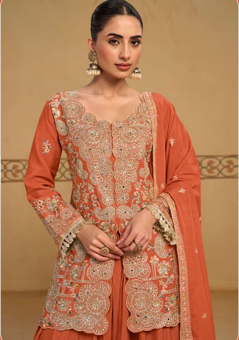 Orange Embroidered Chinon Kurta Set - Indya