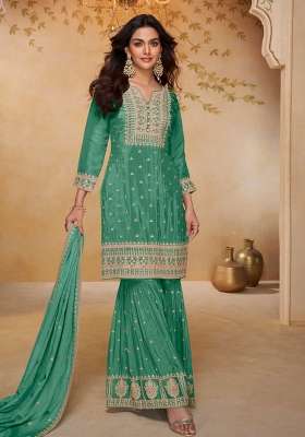 Blue Embroidered Chinon Kurta Set