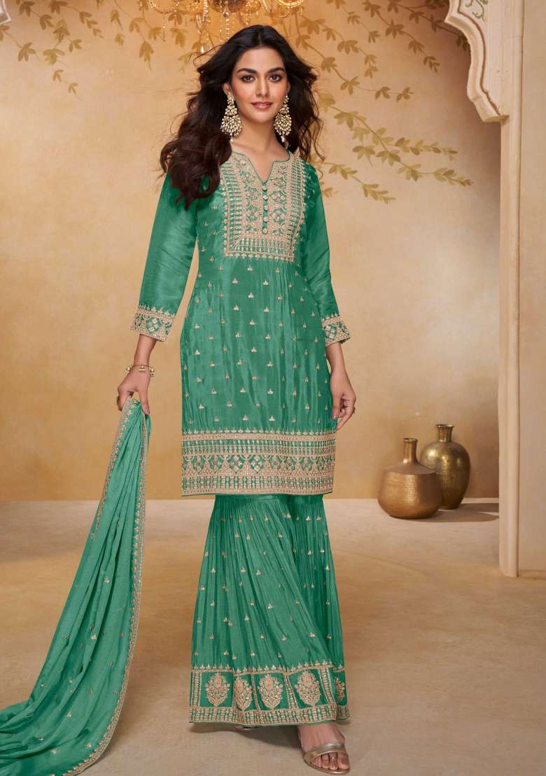 Blue Embroidered Chinon Kurta Set - Indya