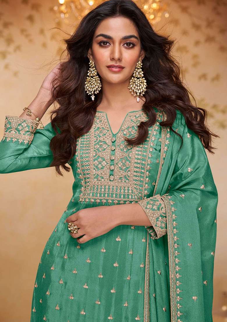 Blue Embroidered Chinon Kurta Set - Indya