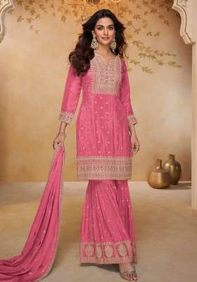 Pink Embroidered Chinon Kurta Set
