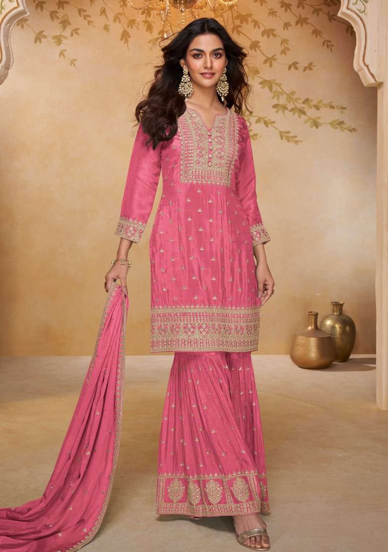 Pink Embroidered Chinon Kurta Set - Indya