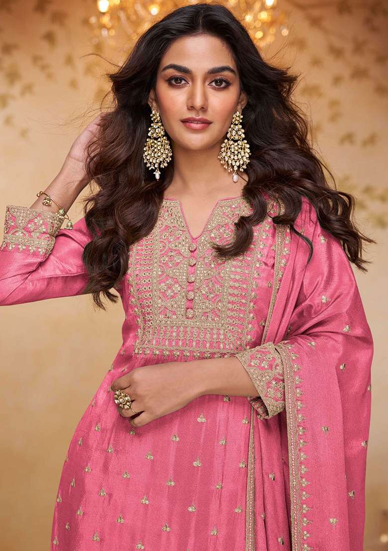 Pink Embroidered Chinon Kurta Set - Indya