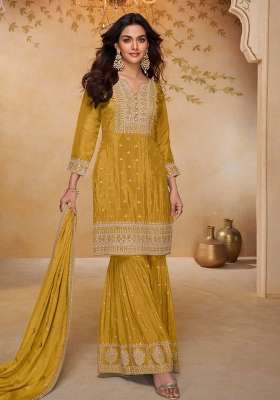 Yellow Embroidered Chinon Kurta Set