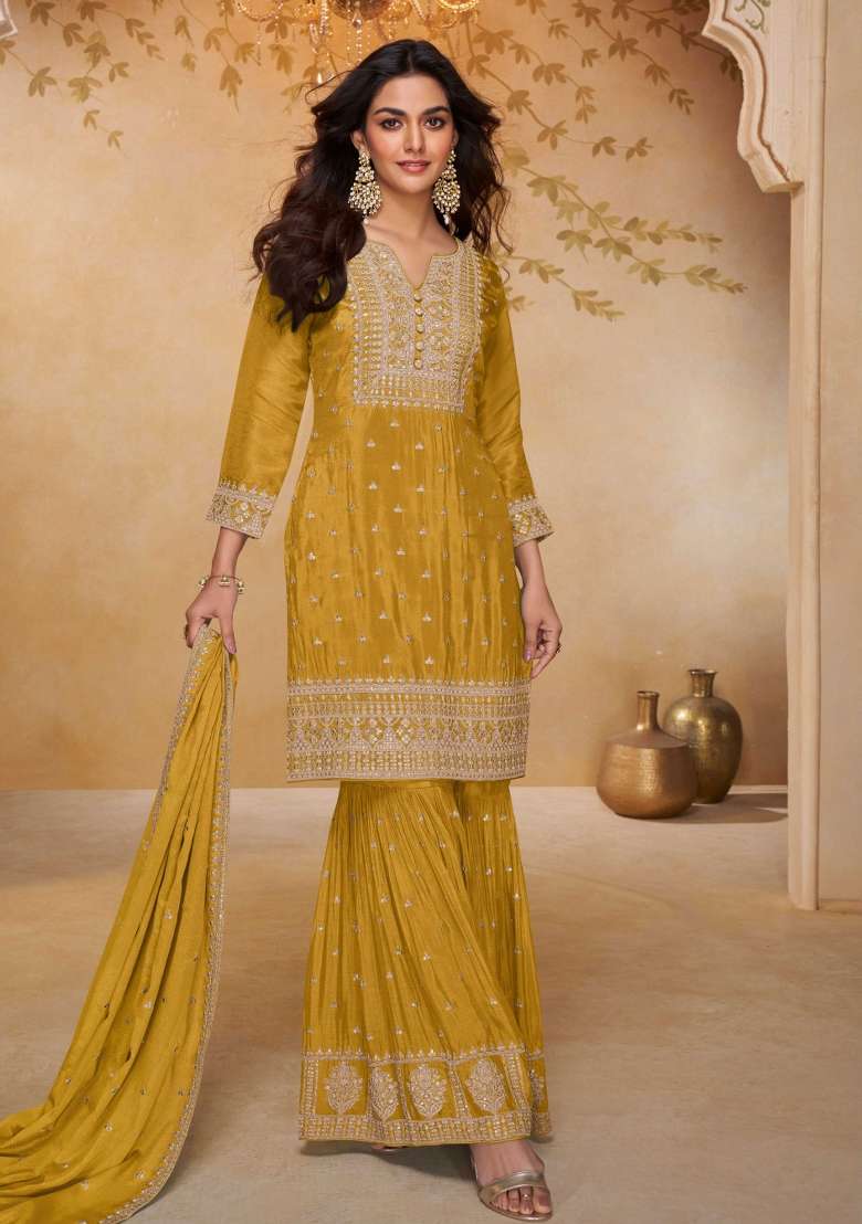 Yellow Embroidered Chinon Kurta Set - Indya