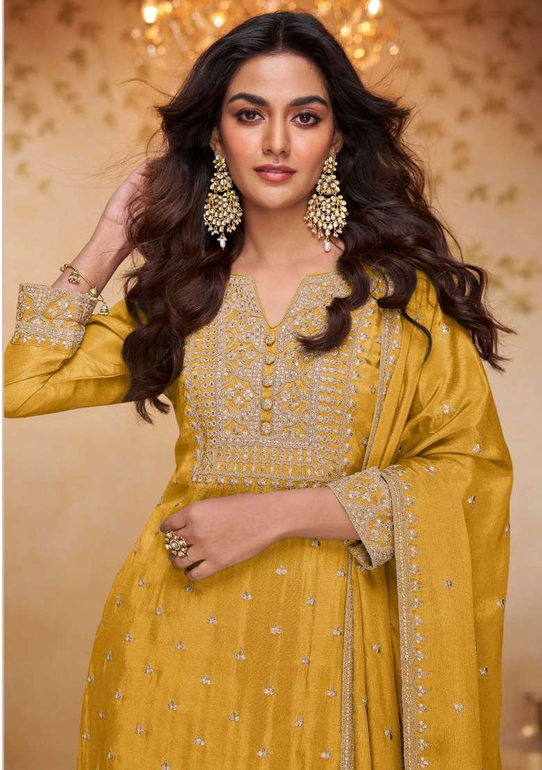 Yellow Embroidered Chinon Kurta Set - Indya