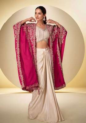 Beige Embroidered Chinon Kurta Set