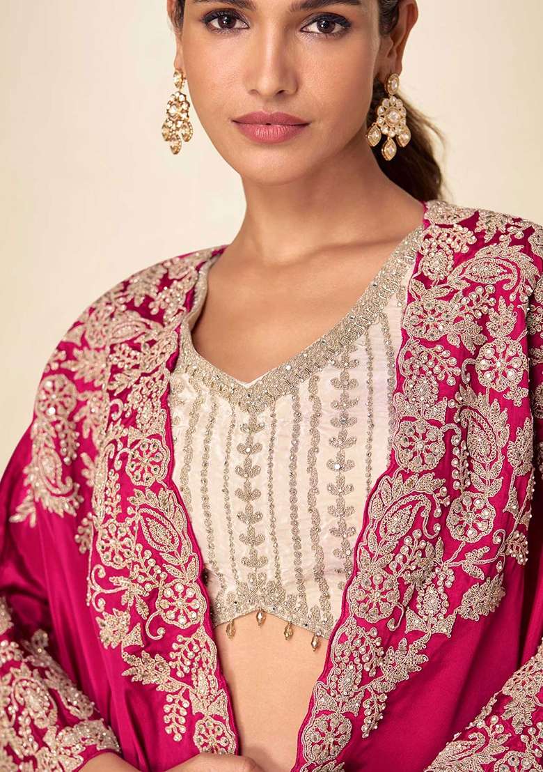 Beige Embroidered Chinon Kurta Set - Indya