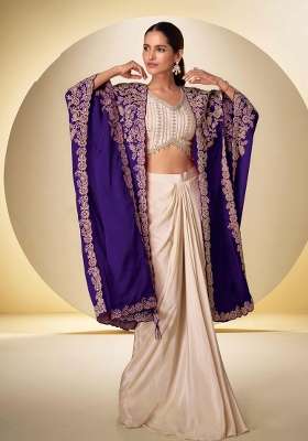 Beige Embroidered Chinon Kurta Set