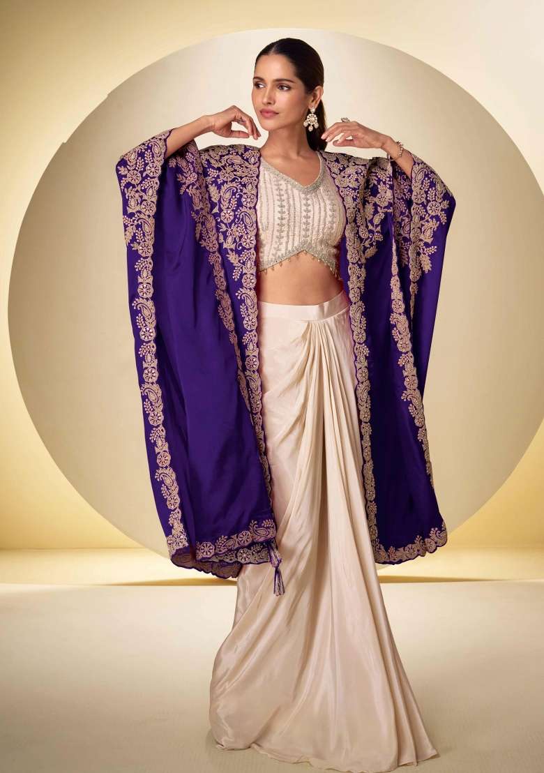 Beige Embroidered Chinon Kurta Set - Indya