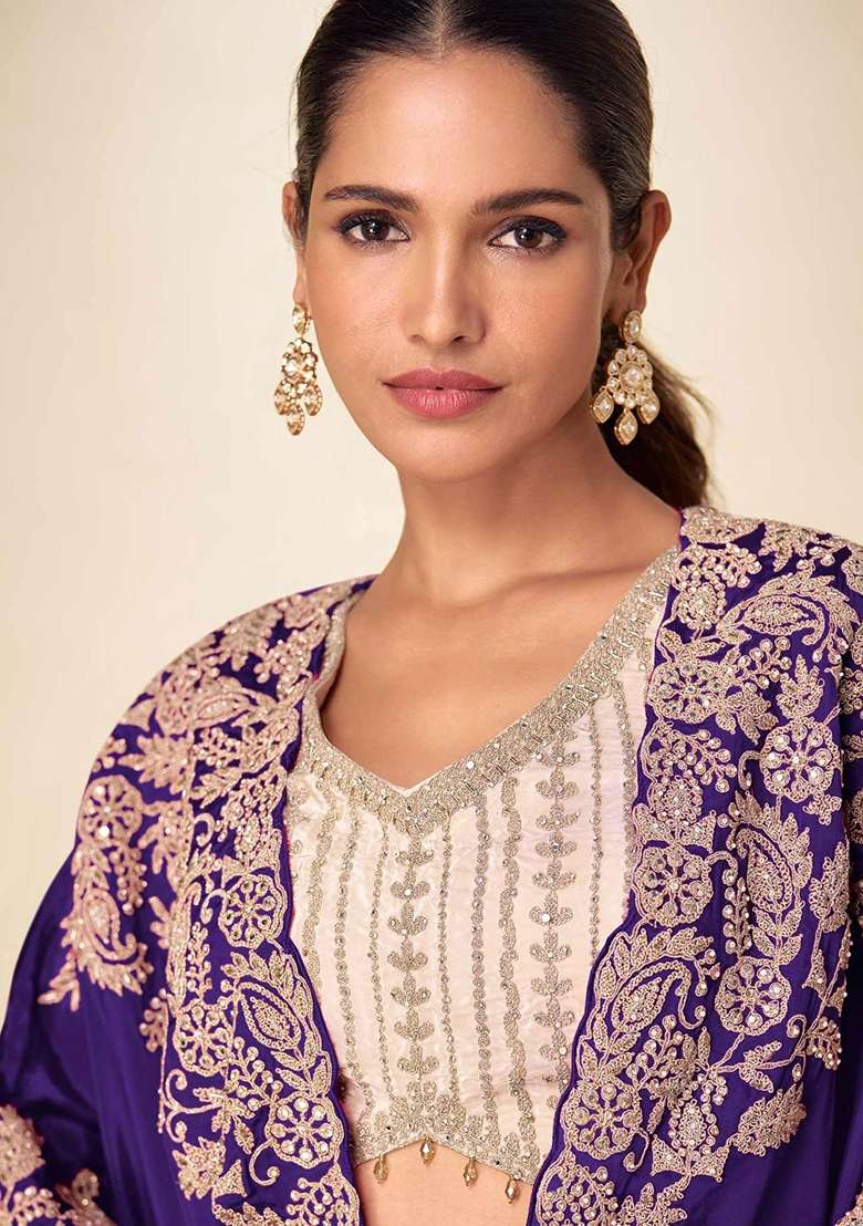 Beige Embroidered Chinon Kurta Set - Indya