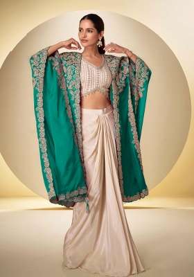 Beige Embroidered Chinon Kurta Set