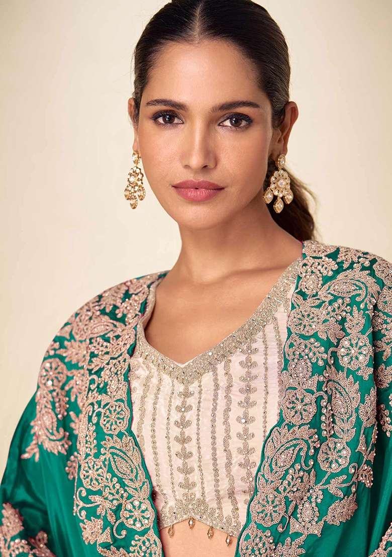 Beige Embroidered Chinon Kurta Set - Indya